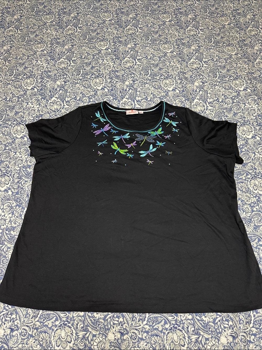Quacker Factory Black Short Sleeve Top with Multicolored Dragonfly Detail